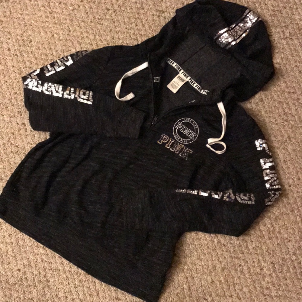 VS Pink Sequined Quarter Zip Hooded Sweatshirt